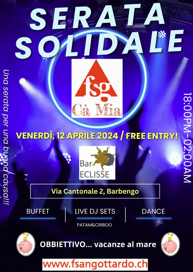 Serata solidale in favore del foyer Cà Mia al Bar Eclisse di Barbengo!